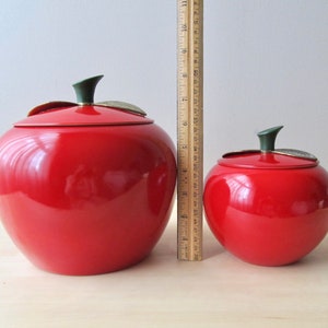 midcentury red apple canisters set of four aluminum brass leaf lids near mint condition image 10