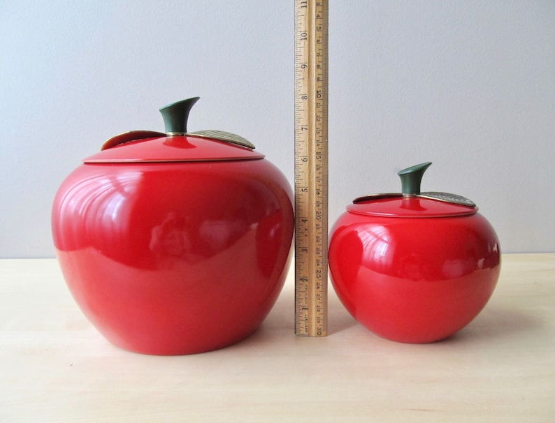 midcentury red apple canisters set of four aluminum brass leaf lids near mint condition image 10