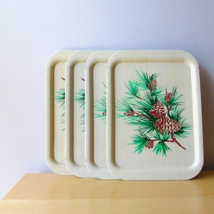 set 2 vintage pinecone tin TV trays faux woodgrain - cabin decor magnetic board