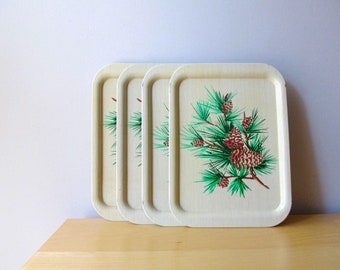 set 2 vintage pinecone tin TV trays faux woodgrain - cabin decor magnetic board