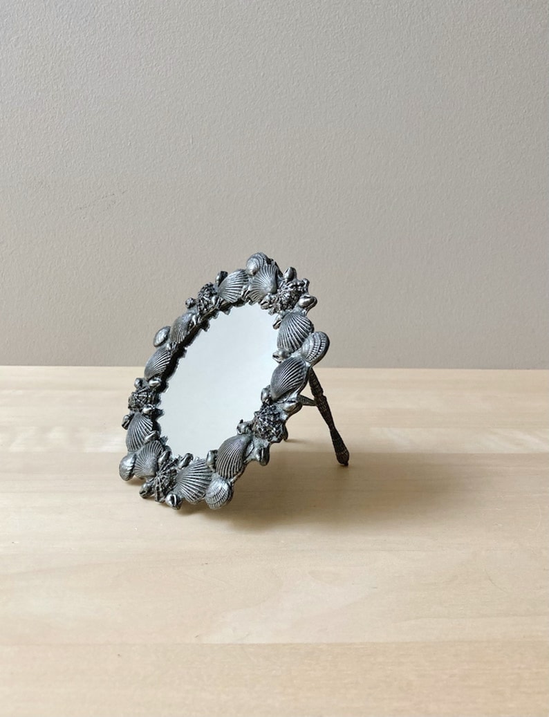 vintage pewter mirror with easel scallops seashell nautical decor image 2