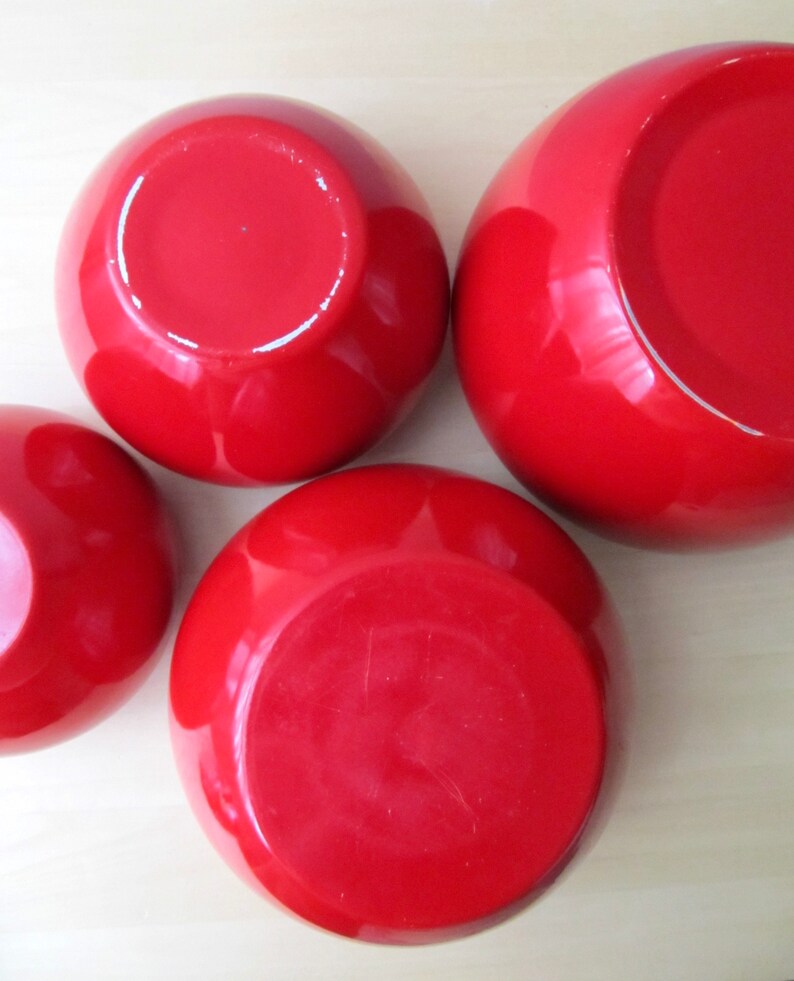 midcentury red apple canisters set of four aluminum brass leaf lids near mint condition image 9