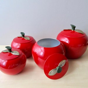 midcentury red apple canisters set of four aluminum brass leaf lids near mint condition image 3