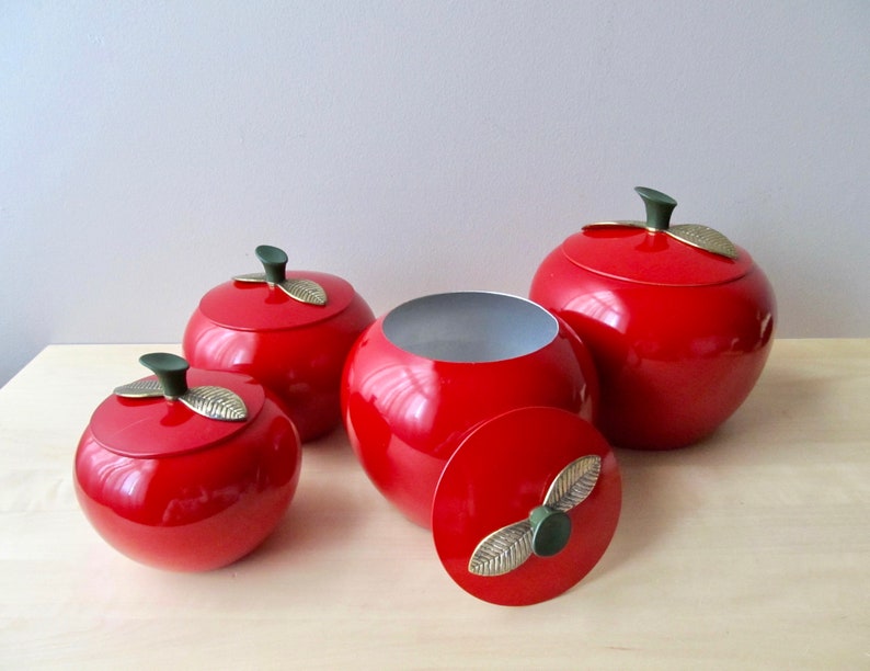 midcentury red apple canisters set of four aluminum brass leaf lids near mint condition image 3