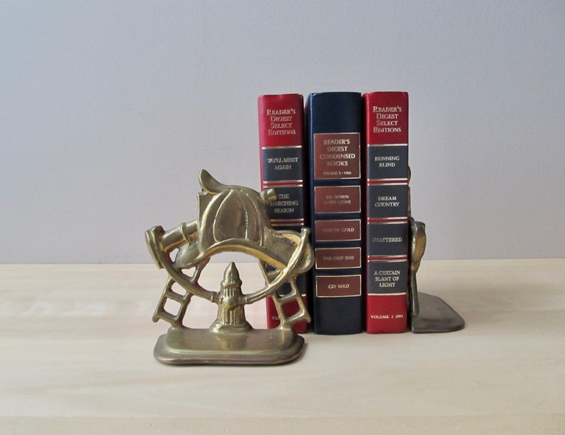 pair solid brass bookends fire fighter hat hose hydrant ladder gift for everyday hero image 3