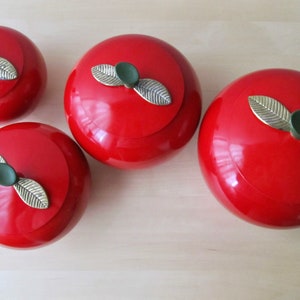 midcentury red apple canisters set of four aluminum brass leaf lids near mint condition image 7