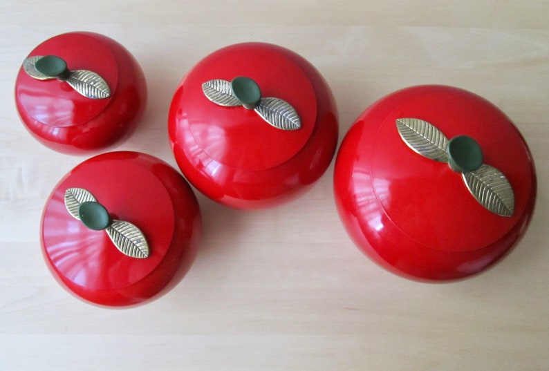 midcentury red apple canisters set of four aluminum brass leaf lids near mint condition image 7