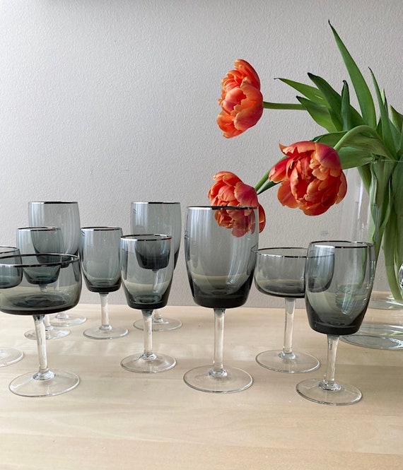 Vintage Smoked Glassware Gorham Crystal Glass Water Goblets 