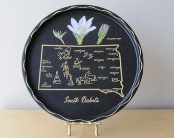South Dakota oder Montana State Karte Serviertablett - State Flower - 1960er Reisegrafiken