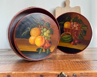 hand painted nesting cheese boxes - fruit still life grapes peaches melon cherries