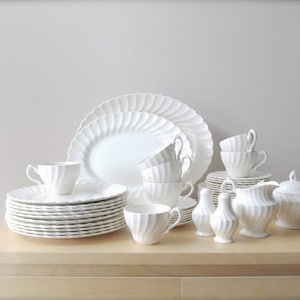 vintage English ironstone white scalloped - Johnson Bros Regency Myott plates bowls platter gravy cream sugar