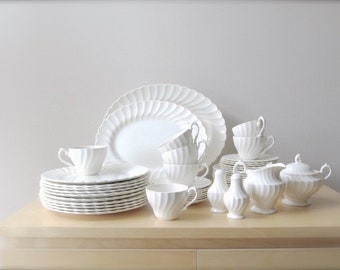 vintage English ironstone white scalloped - Johnson Bros Regency Myott plates bowls platter gravy cream sugar