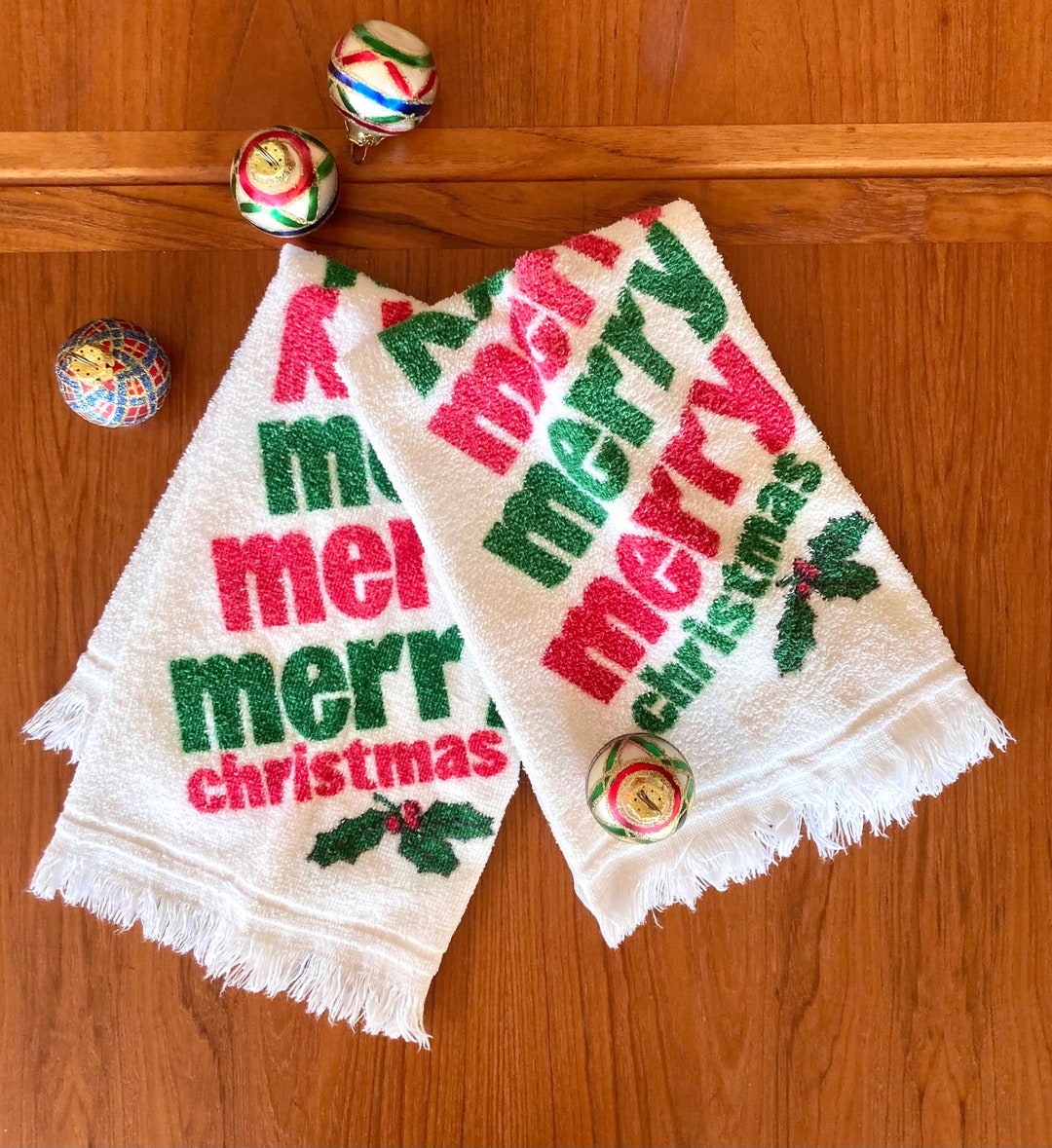 Vintage 1960 Merry Christmas Hand Towel Set Red Green Holly Etsy