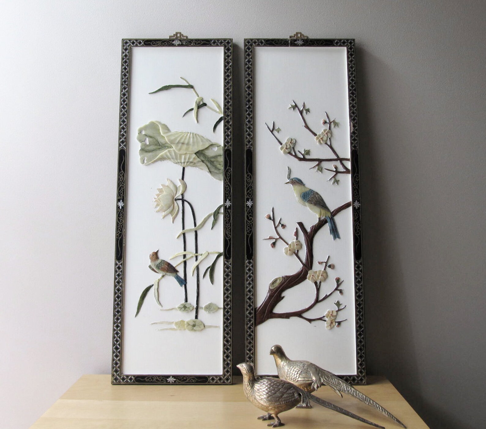 Vintage asian panels wall hangings with carved lotus birds and Etsy