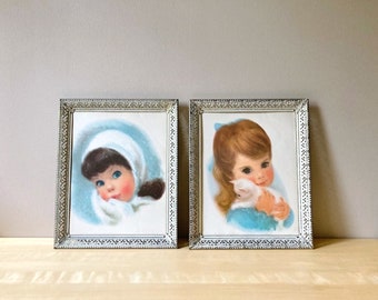 pair ornate vintage brass picture frames for 11 x 14 inch pastel portraits blue white Northern girls