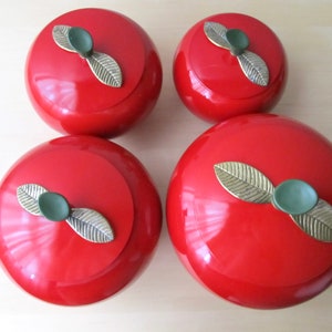 midcentury red apple canisters set of four aluminum brass leaf lids near mint condition image 6