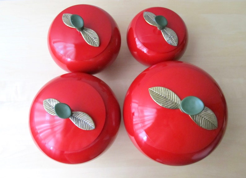 midcentury red apple canisters set of four aluminum brass leaf lids near mint condition image 6