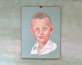 mid century pastel portrait - 19 x 25 young boy buzz cut cute big ears - seafoam green