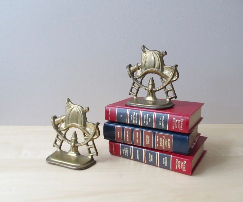 pair solid brass bookends fire fighter hat hose hydrant ladder gift for everyday hero image 1