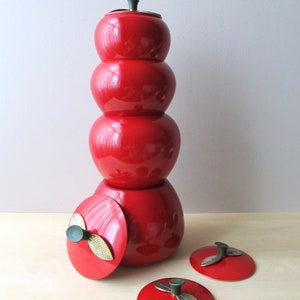 midcentury red apple canisters set of four aluminum brass leaf lids near mint condition image 8