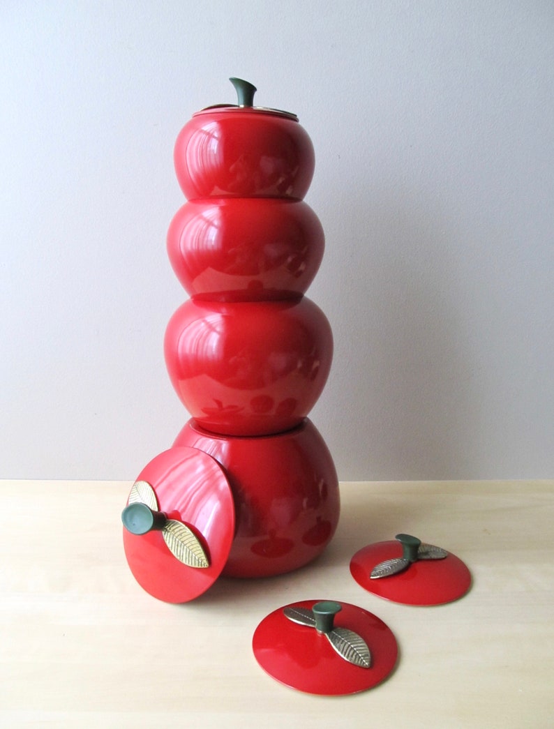 midcentury red apple canisters set of four aluminum brass leaf lids near mint condition image 8