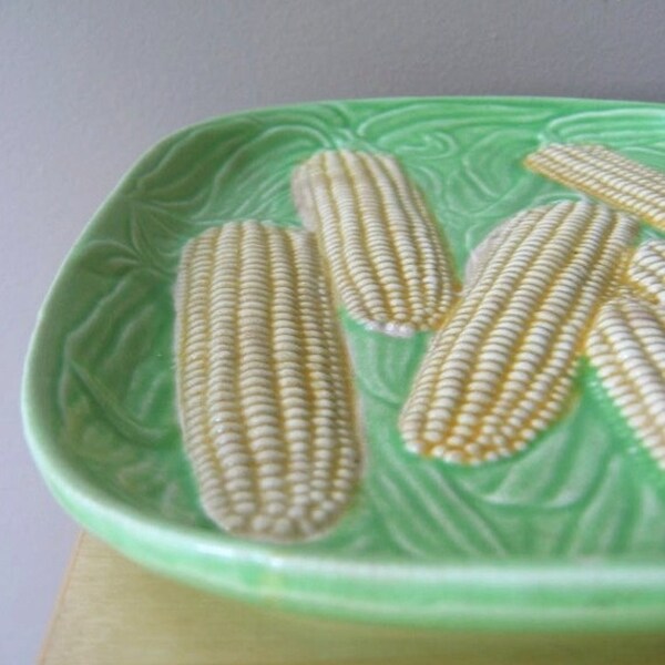 sweet corn platter, majolica pottery vegetable serving plate