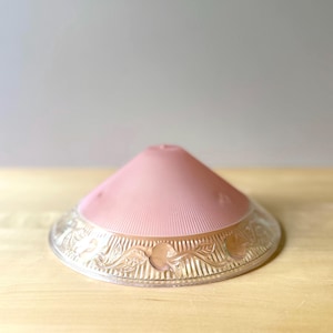 May include: A conical glass light shade featuring a matte pink center with fine vertical ribbing. The wide, clear glass rim is decorated with a repeating embossed pattern of small fruits and leaves, creating a textured border around the base.