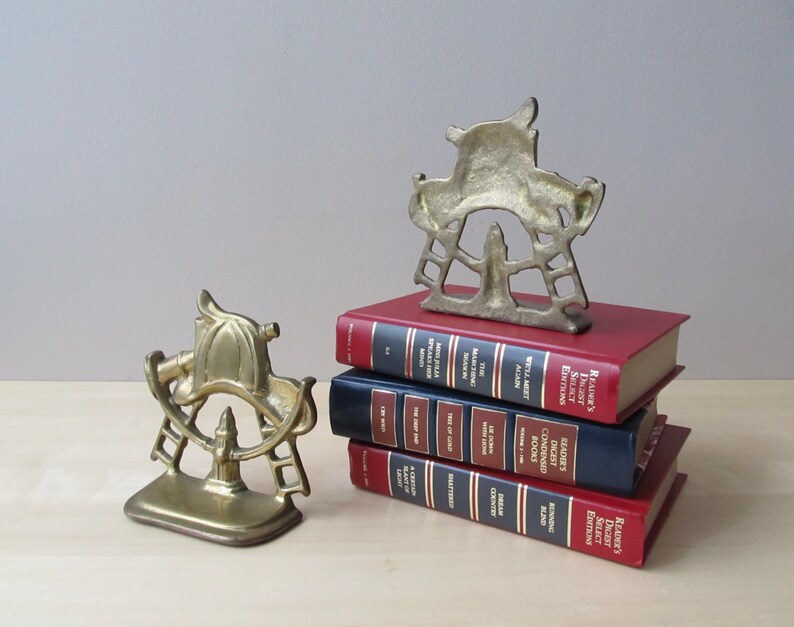 pair solid brass bookends fire fighter hat hose hydrant ladder gift for everyday hero image 6