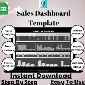 May include: A black and white sales dashboard template with the text "Sales Dashboard Template" in large white letters. The template includes charts, graphs, and tables. The text "Instant Download" is at the bottom of the image. The text "Step By Step" and "Easy To Use" are below the text "Instant Download".