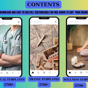 May include: Image showcasing three smartphone screens with different themes: medical, travel, and wellness. Each screen displays a related image, such as a doctor, travel photos, and a person meditating. Text includes "CONTENTS", "INSTANT DOWNLOAD", and template categories.