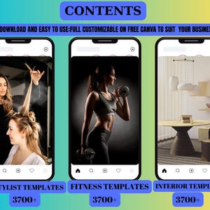 May include: A digital graphic showcasing three smartphone screens. The screens display images related to hairstyling, fitness, and interior design. Text at the bottom of each screen indicates "HAIRSTYLIST TEMPLATES", "FITNESS TEMPLATES", and "INTERIOR TEMPLATES", each with "3700+". The top banner reads "CONTENTS".