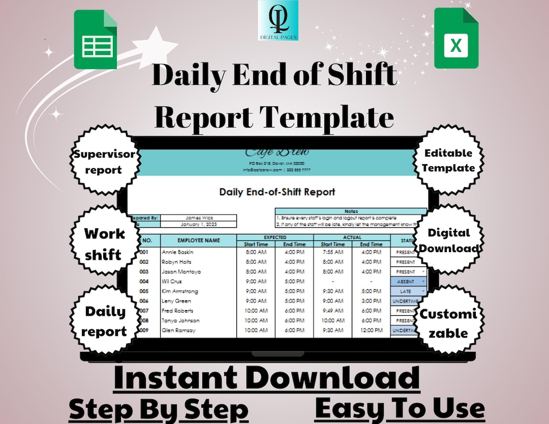 Daily End of Shift Report Template, Editable Google Sheets, Digital ...
