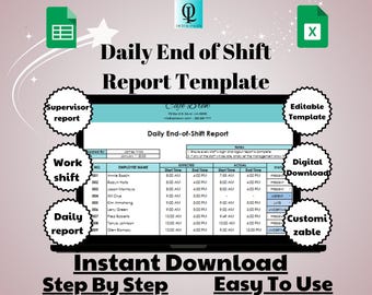 May include: A digital template for a daily end-of-shift report, displayed on a laptop screen. The report includes employee names, start and end times, and status. The image also features the text "Instant Download, Step By Step, Easy To Use."