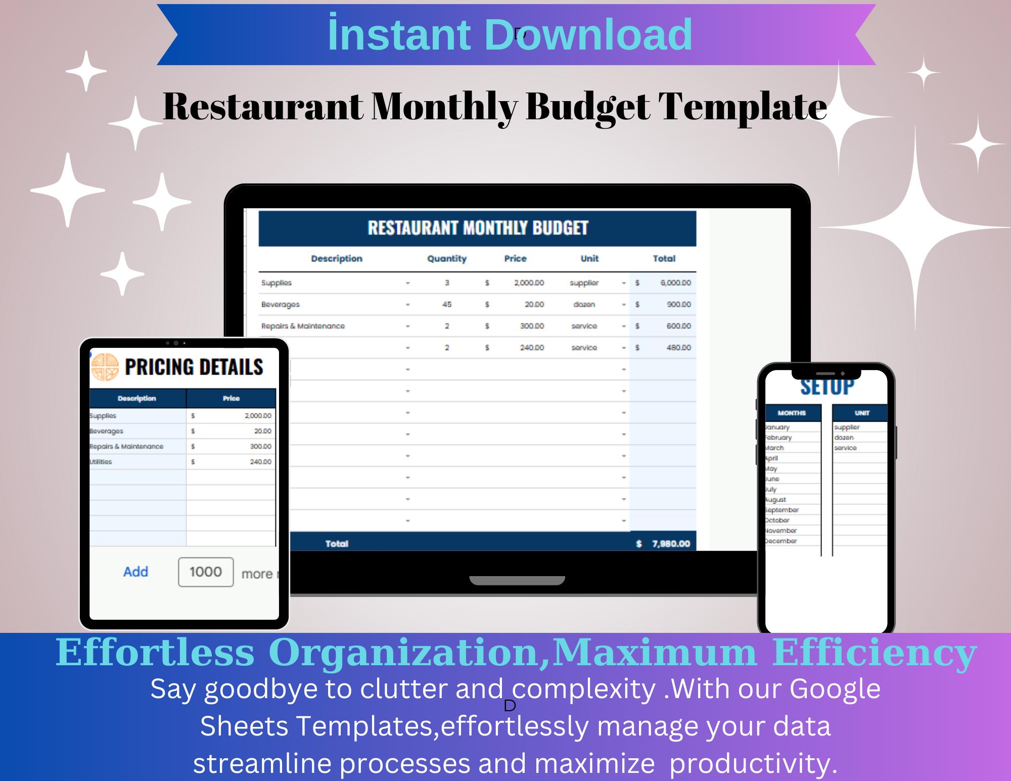 Restaurant Monthly Budget Template: Editable Google Sheets (digital ...