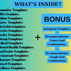 May include: A graphic with the text "WHAT'S INSIDE?" lists 15 template categories, including automotive, fashion, and wellness. A "BONUS" section offers Instagram templates and font recommendations.