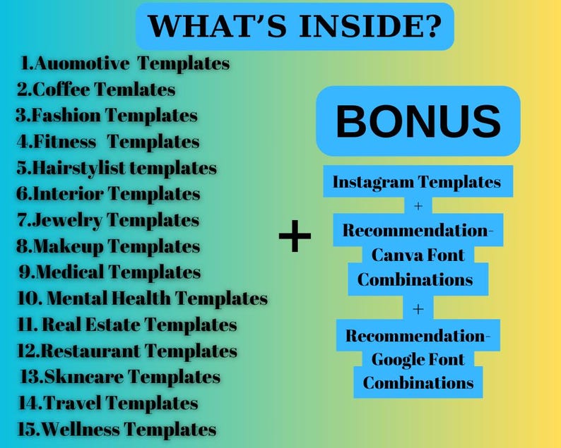 May include: A graphic with the text "WHAT'S INSIDE?" lists 15 template categories, including automotive, fashion, and wellness. A "BONUS" section offers Instagram templates and font recommendations.
