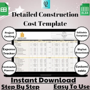 Puede incluir: Una plantilla de descarga digital para el seguimiento detallado de los costes de construcción. La plantilla incluye secciones para el cálculo de los costes del proyecto, el seguimiento de los gastos y la planificación de los contratistas. La plantilla es personalizable y fácil de usar.