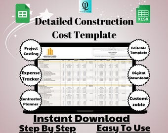 May include: A digital download template for detailed construction cost tracking. The template includes sections for project costing, expense tracking, and contractor planning. The template is customizable and easy to use.