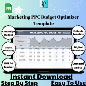Könnte beinhalten: Eine digitale Marketingvorlage zur Optimierung eines PPC-Budgets. Die Vorlage enthält ein Diagramm, eine Tabelle und einen Abschnitt zur Verfolgung des ROI. Die Vorlage ist anpassbar und kann digital heruntergeladen werden. Der Text "Marketing PPC Budget Optimizer Template" befindet sich oben im Bild.