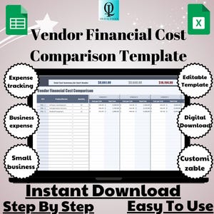 May include: A digital template for vendor financial cost comparison, displayed on a laptop screen. The image includes text such as "Expense tracking," "Business expense," and "Small business." The template is described as an "Editable Template" and a "Digital Download."