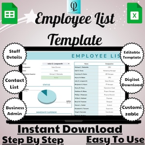 Może przedstawiać: Ekran komputera wyświetlający szablon arkusza kalkulacyjnego dla listy pracowników. Szablon zawiera kolumny dla imienia i nazwiska, stanowiska i statusu. Ekran jest otoczony kolorowymi ikonami i tekstem, który brzmi: "Szablon listy pracowników", "Natychmiastowe pobieranie", "Krok po kroku", "Łatwy w użyciu", "Szablon edytowalny", "Pobieranie cyfrowe", "Dostosowywalny", "Dane pracowników", "Lista kontaktów" i "Administracja biznesowa".
