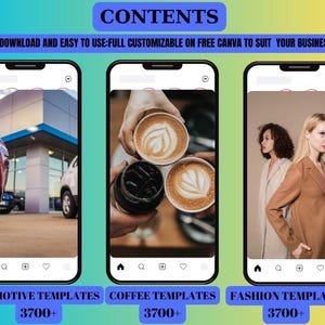 May include: A digital marketing graphic with three smartphone mockups. The first shows a car, the second coffee, and the third two women in coats. Text includes "CONTENTS", "AUTOMOTIVE TEMPLATES", "COFFEE TEMPLATES", and "FASHION TEMPLATES".