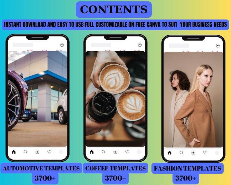 May include: A digital marketing graphic with three smartphone mockups. The first shows a car, the second coffee, and the third two women in coats. Text includes "CONTENTS", "AUTOMOTIVE TEMPLATES", "COFFEE TEMPLATES", and "FASHION TEMPLATES".