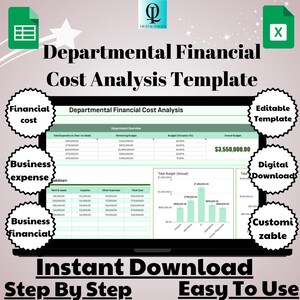 May include: A green and white Excel spreadsheet template for departmental financial cost analysis. The template includes a budget overview, a total budget breakdown, and a bar chart. The template is available for instant download and is easy to use.