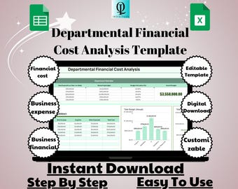 May include: A green and white Excel spreadsheet template for departmental financial cost analysis. The template includes a budget overview, a total budget breakdown, and a bar chart. The template is available for instant download and is easy to use.