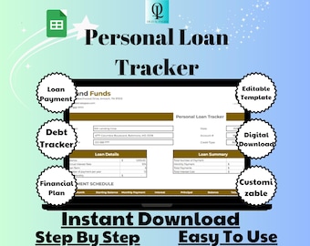 May include: A digital download of a personal loan tracker spreadsheet. The spreadsheet is customizable and includes sections for loan details, loan summary, and a payment schedule. The image also includes text that says "Instant Download", "Step By Step", and "Easy To Use".