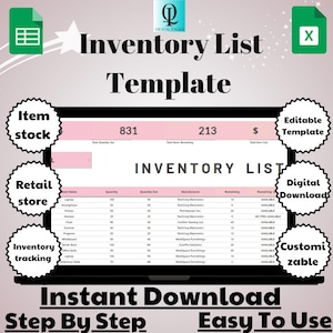 Modèle de liste d&#39;inventaire, téléchargement numérique, modifiable et facile à utiliser, suivi des stocks de Google Sheets