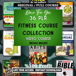 Może przedstawiać: Kolekcja cyfrowych kursów fitness, w tym przewodniki po diecie paleo, poście przerywanym i programach treningowych w domu. Obraz przedstawia okładki e-booków z tytułami takimi jak "Fitness Course Collection" i "Home Workout Bible."