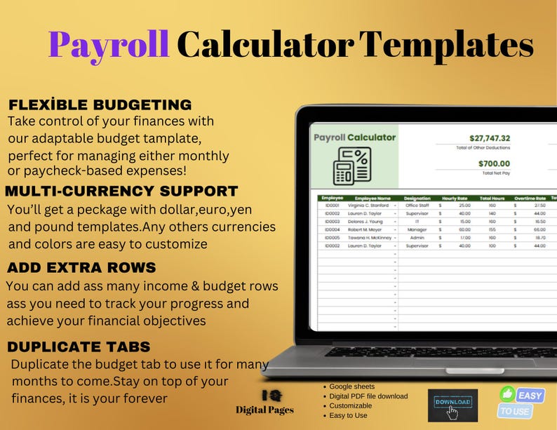 Payroll Calculator Template: Editable Google Sheets (digital Download ...