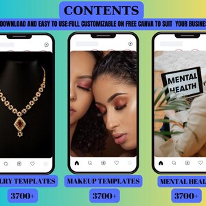 May include: Image showcasing three smartphone screens. The first displays a gold necklace with a red gemstone. The second features two women with makeup. The third shows a laptop with "MENTAL HEALTH" on the screen. Text includes "JEWELRY TEMPLATES", "MAKEUP TEMPLATES", and "MENTAL HEALTH".